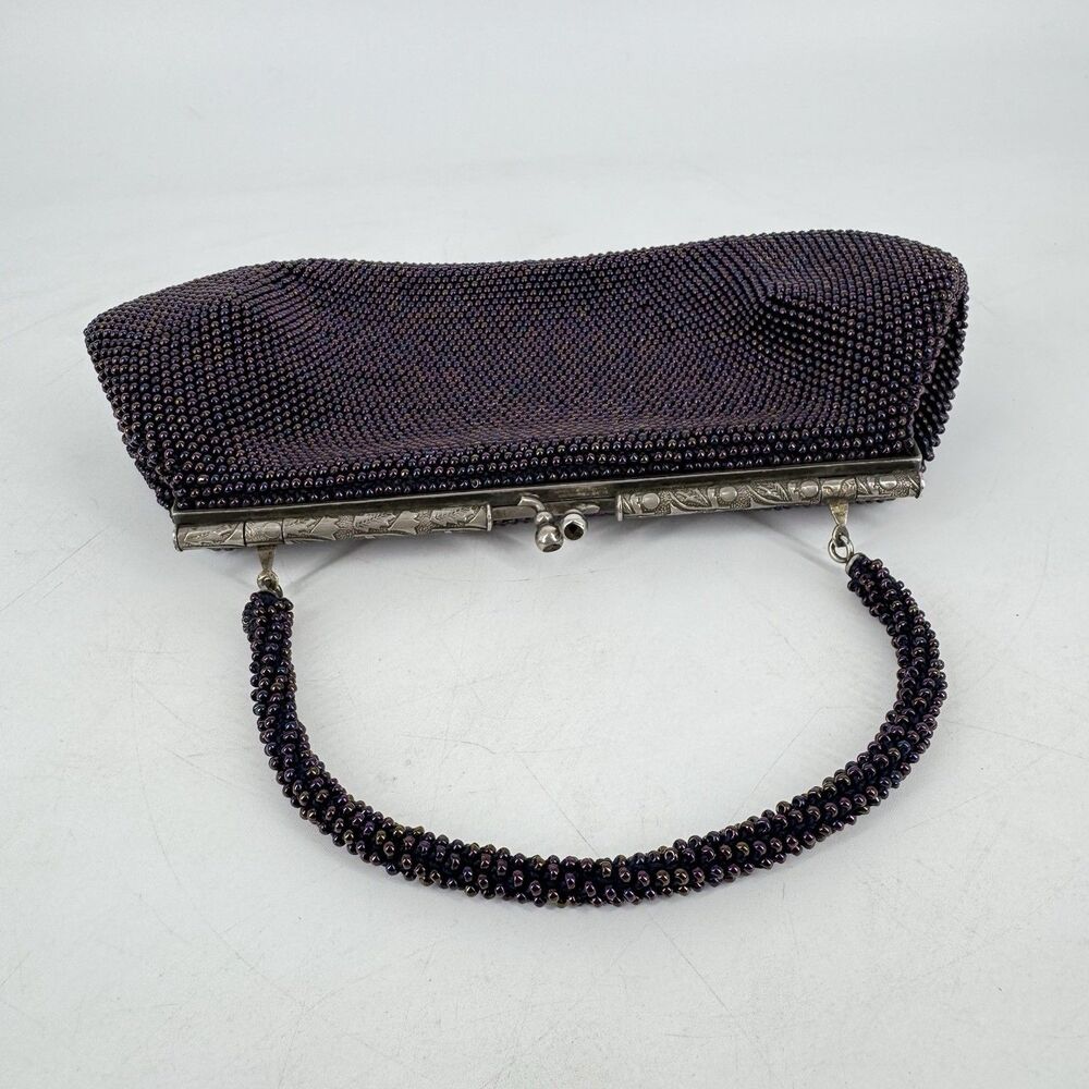 Vintage Purple Beaded Evening Bag Clutch Purse Silver Frame Kiss Lock 10” - Picture 2 of 11